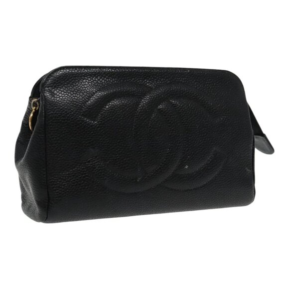 CHANEL COCO Mark Pouch Grained Calf Skin Black Gold CC - Picture 1 of 14